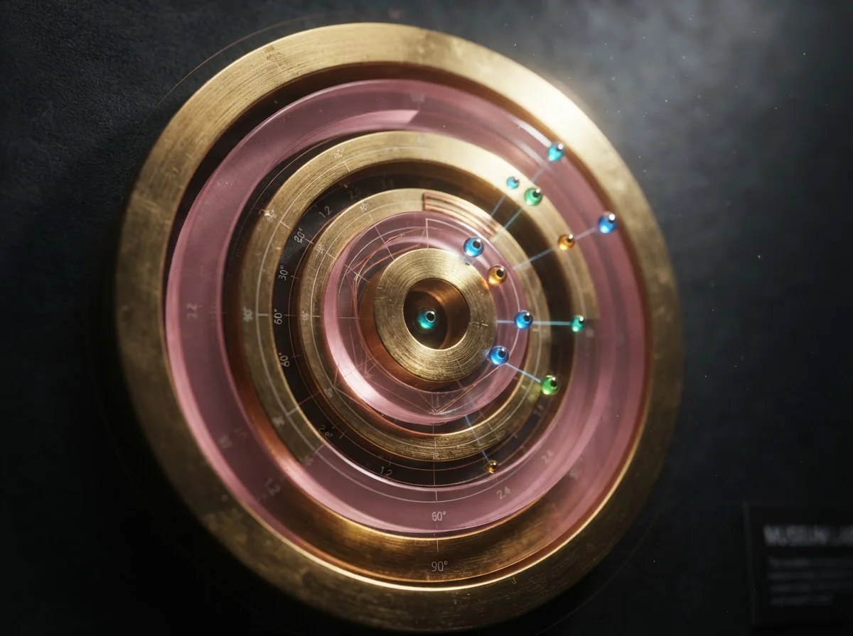 A brass dial with rose rings and small coloured stones set at their angles, like a museum instrument
