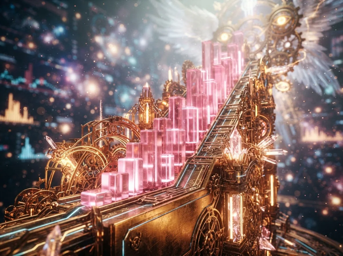 A golden machine of gears carrying rising bars of rose glass up a ramp, under white wings